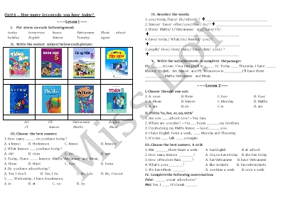 Bài tập ôn tập Tiếng anh lớp 5 - Unit 6 How many lessons do you have today - Năm học 2016-2017